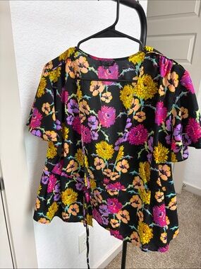 Topshop Black Floral Wrap Blouse with Yellow, Pink & Purple Flowers